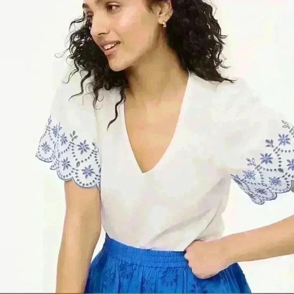 NWT J Crew White Cotton Top Embroidered Short Sleeve Semi Sheer Shirt Size S - Picture 8 of 8